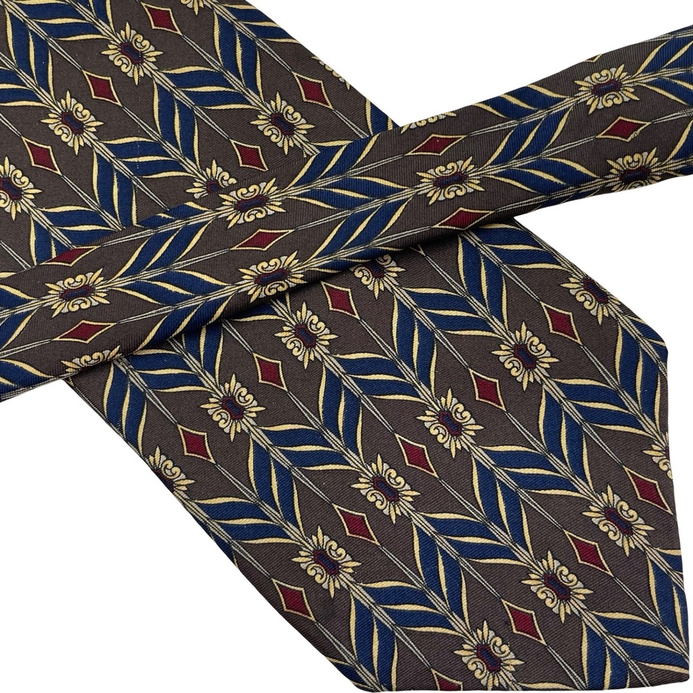 Vintage Bill Blass 100% Silk Necktie Tie Brown‎ Blue Geometric Stained Glass